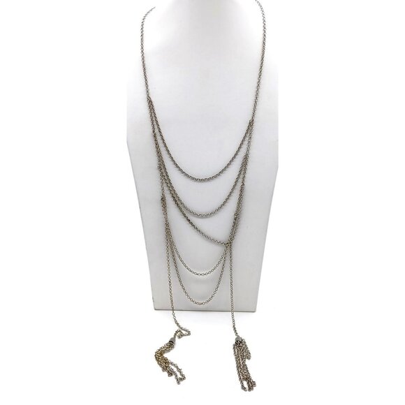 Vintage Long Silver Multi Layer Chain Necklace with Double Tassel Ends - Picture 1 of 3
